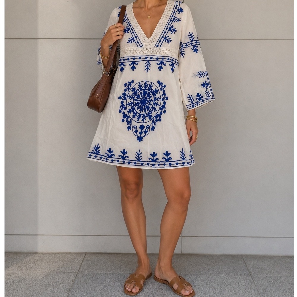 Debbie Katz South Beach White Blue Embroidered Boho Tunic Mini Dress Small q3